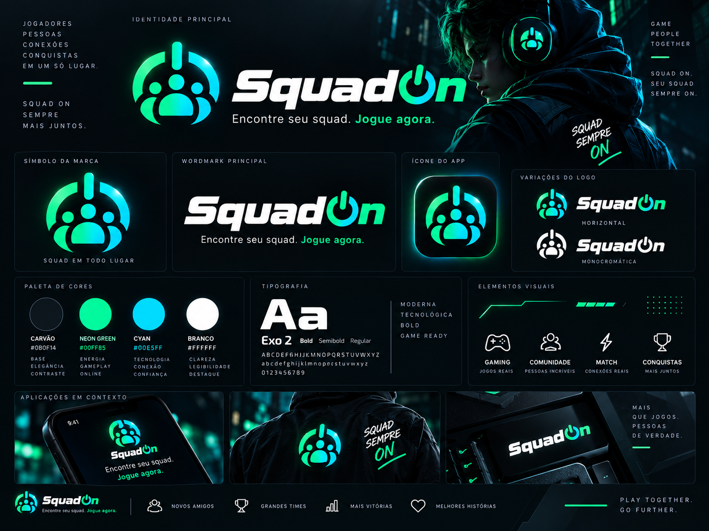 Guia de identidade visual do SquadOn com logo, ícone, paleta e aplicações
