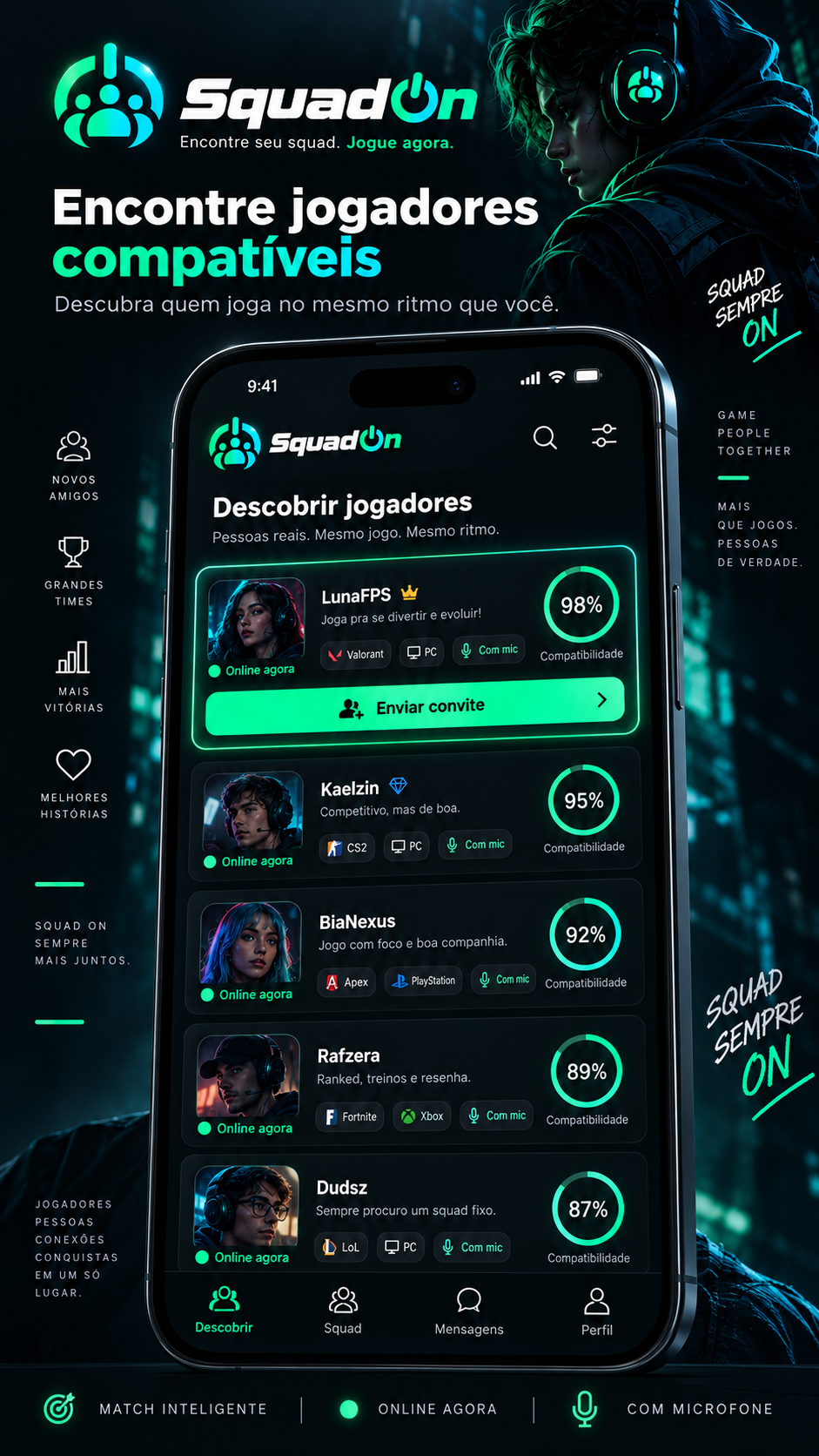 Tela do aplicativo SquadOn mostrando descoberta de jogadores compatíveis