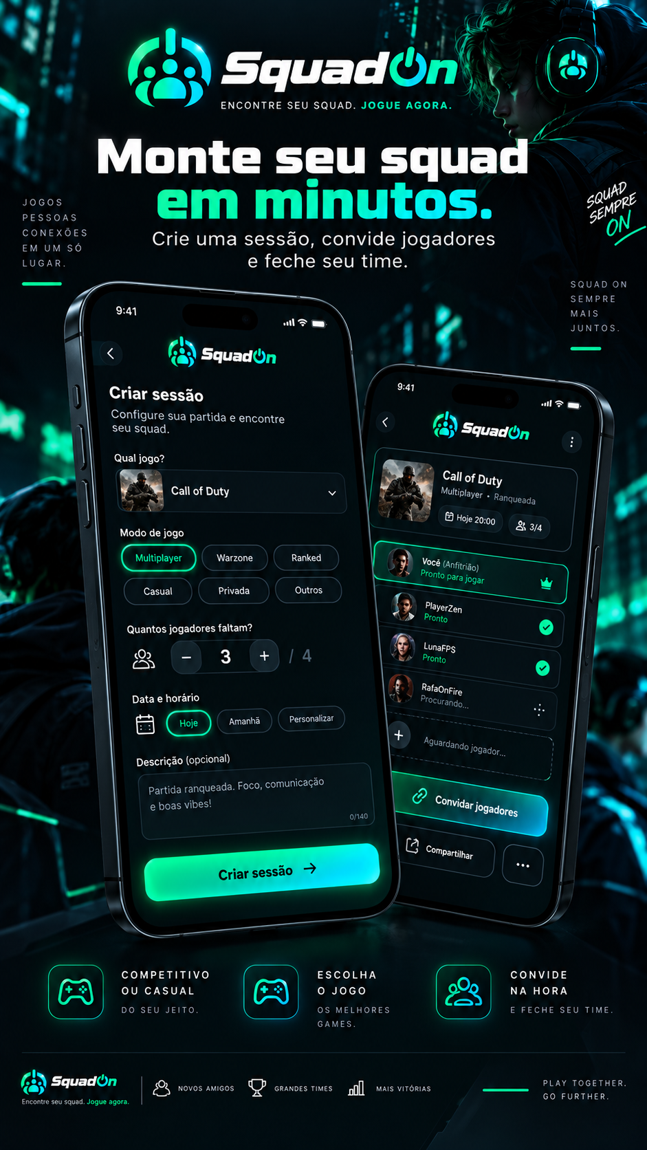Screenshot promocional do SquadOn mostrando criação de sessão